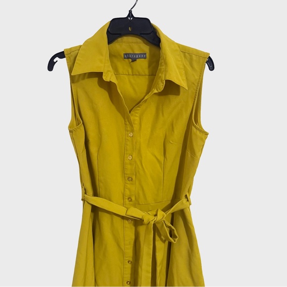 Sharagano Chartreuse Yellow Buttoned Belted Midi Sleeveless Dress. - Picture 3 of 6